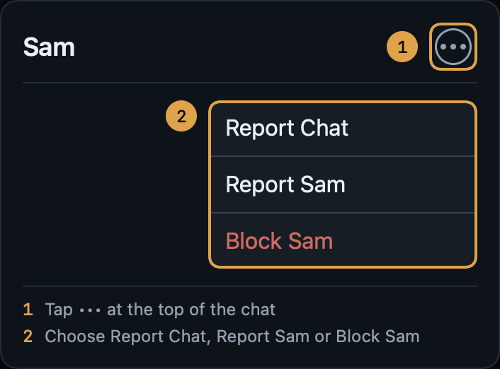 The top of a chat with Sam. The ••• button is ringed as step 1. The menu below it shows Report Chat, Report Sam and Block Sam, ringed as step 2.