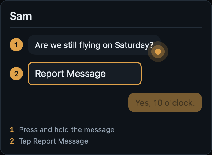 A chat with Sam. A finger presses and holds Sam's message, and a menu opens with Report Message in it, ringed.